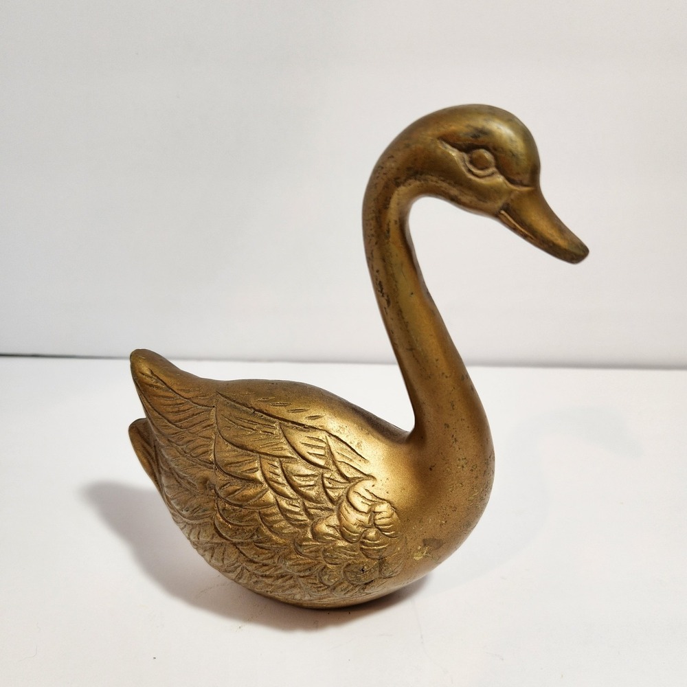 Mid Century Solid Brass Swan Figurine lovely large heavy piece 6 Inches Tall
